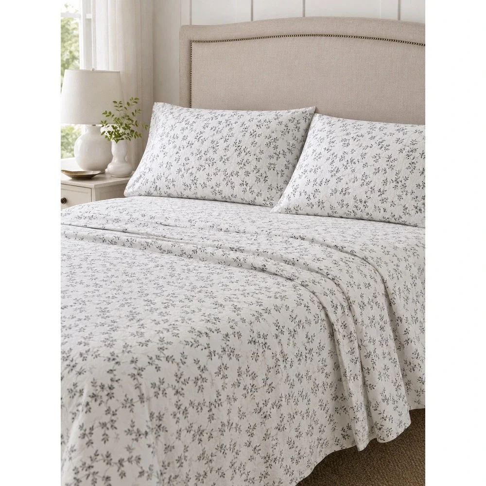 Laura Ashley Cotton Sara Sprig Black White Floral King Sheet Set Cottagecore